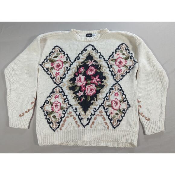 Vintage Beldoch Popper Sweater S Floral Knit Ramie Cotton Cottagecore 80s - Picture 1 of 10